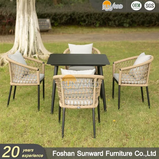 Customized Home Hotel Garden Cafe Modern Patio Restaurant Chair and Table Set Aluminum Polyester Rope Woven Outdoor Dining Furniture