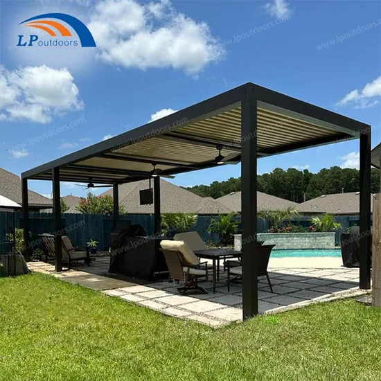 Gray Outdoor Aluminum Pergola Louvered Roof Automatic Canopy with Side Screen