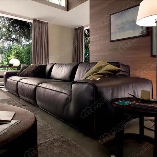 China Factory Supply Italian Modern Tofu Block Sofa Medium Thick Cow Avenue Leather Minimalist Luxury Down Straight Row Three Person Villa Living Room Sofa