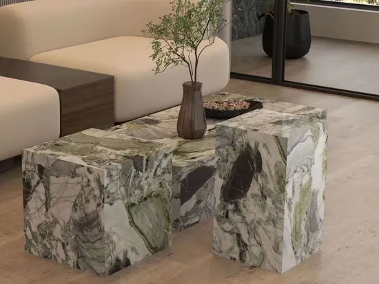 Custom Cubic Jade Stone Plinth Side Table Square Display Cube Block Marble Plinth Green Pedestal Side Table