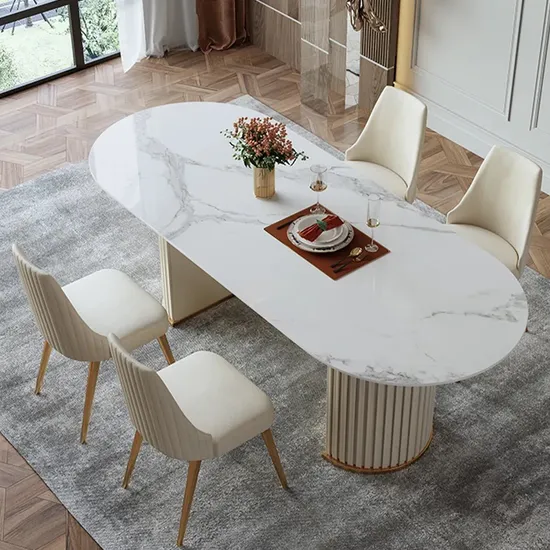 78.74" Modern Marble Round Classic Minimalist White Oval Dining Table Set for 6-8 Glossy Sintered Stone Tabletop, Roman Column Frame Table Legs