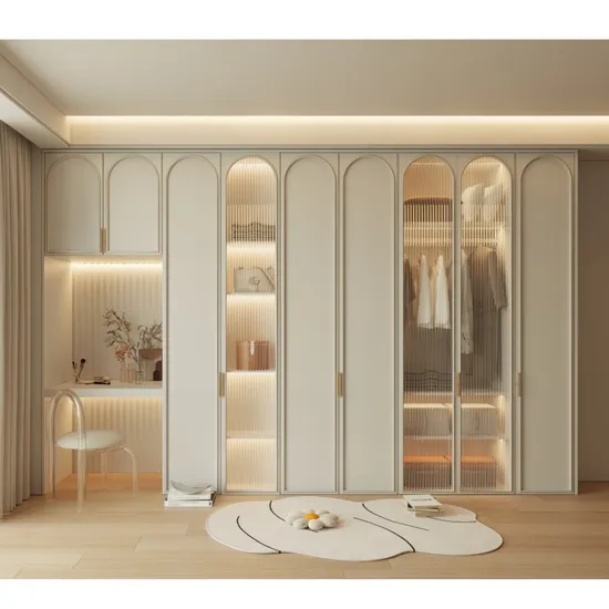 Simple European Wooden Bedroom Wardrobe Closet with Glass Door Lamp Mirror Dresser
