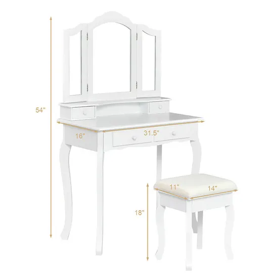 White Makeup Vanity Table Dressing Table Set with Mirror and Stool