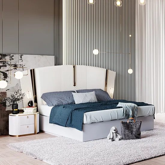 Pmodern Luxury White Wood Double Full King Size Bed Set Queen Leather Headboard Wooden Frame Home Bedroom Furniture
