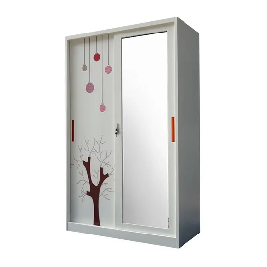 Steel Cupboard for Clothes Locker Galass Sliding Door Armoire Metal Wardrobe with Mirror