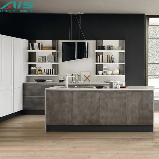 AIS Home Furniture China Modern Designs Kitchen Furniture Complete Open Grey Melamine Modular Kitchen Cabinets with Islands Designs Factory Price