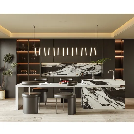 Modern Grey Lacquered Kitchen Cabinet with Kitchen Island and Sintered Stone Countertop