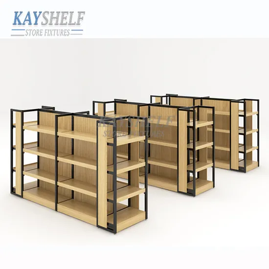 Customized Wood Material Supermarket Gondola Shelving Convenience Store Display Shelves Grocery Storage Rack