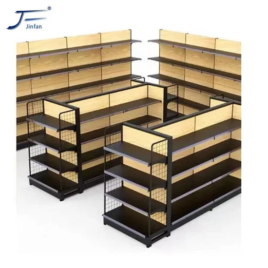 Stylish Wooden Grain Metal Steel Wall Island Gondola Display Shelving for Supermarkets Store
