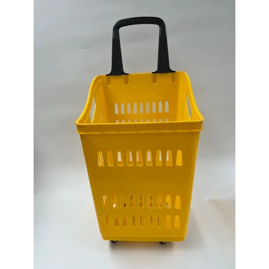 65L Durable Plastic Pull Shopping Basket with Wheels for Supermarket Grocery Stores