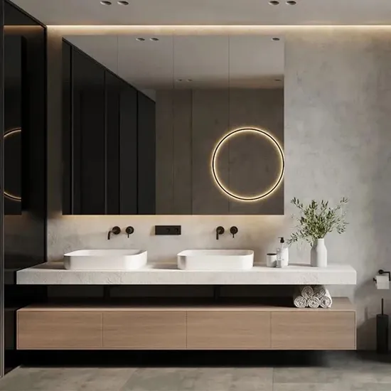 Factory Price New Design Round Edge LED Light Double Sinks Bathroom Vanity Cabinets