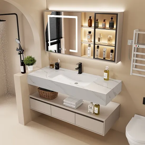 Modern Home Decoration Rock Slab Ceramic Seamless Integrated Basin Solid Wood Wash Basin Bathroom Cabinet
