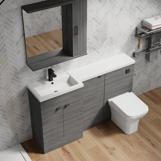 Fusion Combination 1500mm or 1100mm L-Shaped Combination Cupbaord, Bathroom Furniture, Basin & Wc Unit Left or Right Hand - Gloss White, Grey, Wooden Finishing