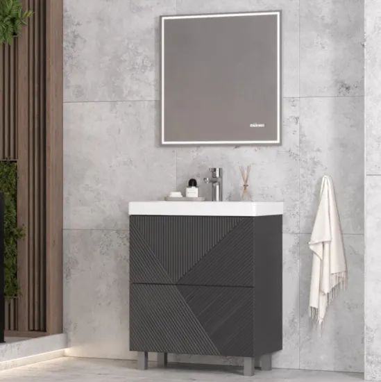 Modern Black PVC and 16mm Plywood Wood Freestanding Pre-Assembled Vanity Cabinet with Ceramic Basin with 60*80cm LED Mirror