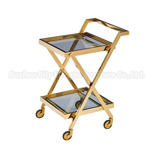 Modern restaurant Hotel Kitchen Glass Serving Trolley with Golden Stainless Steel Frame