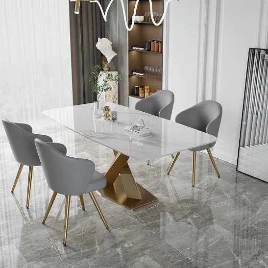 Morden Furniture Home Furniture Chrome Base Sintered Stone Dining Table and Chairs Set