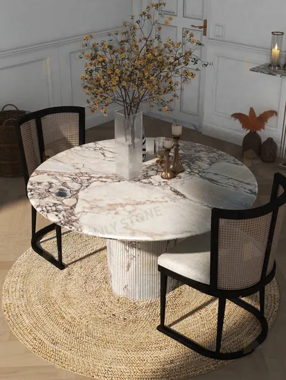 Custom Luxury Natural Stone China Calcutta Viola Marble Dining Table Elephant White Marble Dining Table Set with Fluted Round Base
