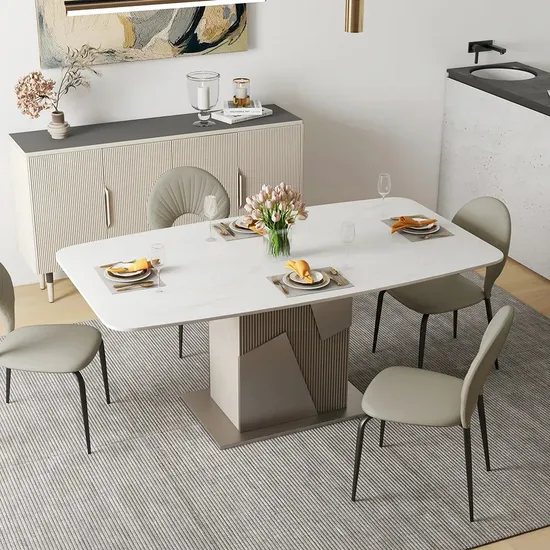 70.87"Modern Minimalist "T" Shape Dining Table for 6wishglossy Sintered Stone Tabletop, Stainless Steel Base