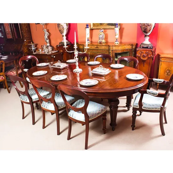 MID Century Modern Vintage Quality Luxury Solid Light Oak Black Large Oval Round Dining Table Set Seats 12 and Chairs for 8