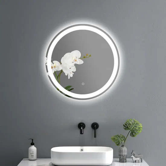 Modern Luxury Home Decorative Smart Round Silver Bath Mirror LED Frameless Illuminated Wall Glass Vanity Mirror
