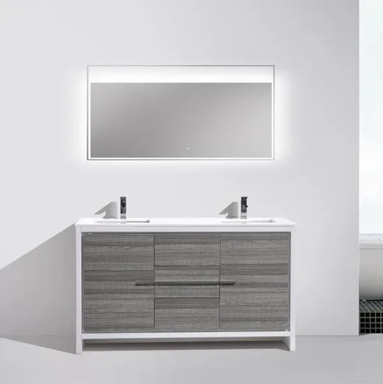 60 Inch Grey Floor Mounted MDF Bathroom Vanity with LED Mirror