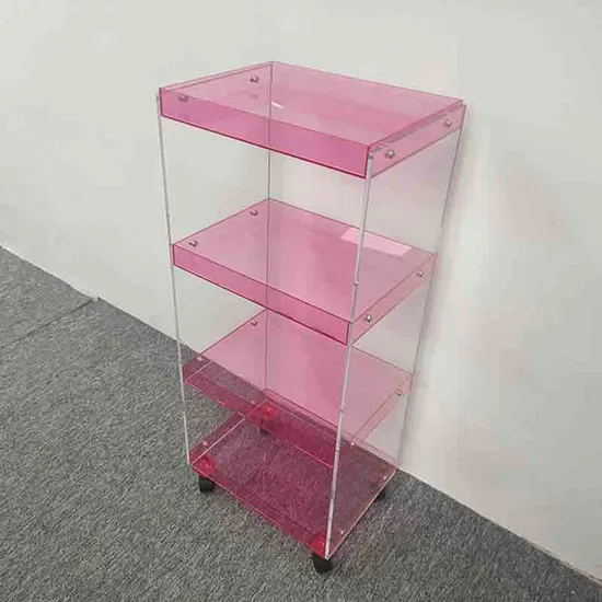 Acrylic Display Cabinet Custom 4-Layer Detachable Pink Translucent Storage Rack with Wheels