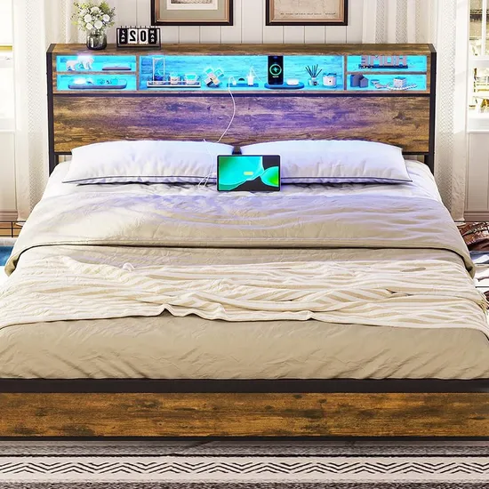 Customized Double Bed Frame with LED Lights Headboard Full Size Murphy Bed Home Furniture