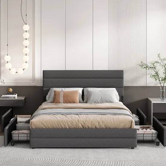 Willsoon Modern Upholstered Bed Simple Design Gray Linen Fabric with 4 Drawers Storage Bed with Soft and Adjustable Features