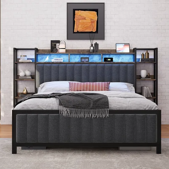 Willsoon Wood Metl Bed Full Size Bed Frame Queen Bed with Storage Headboard and LED Light Bed