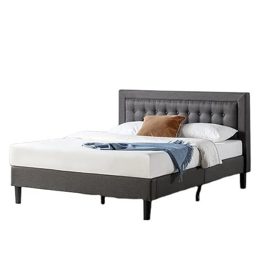 Modern Luxury Design King-Size Bed Frame Upholstered Tufted Fabric Headboard Dark Grey Noiseless and Easy to Assemble