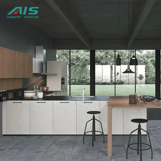 High-End Designer Solid Wood Melamine Kitchen Cabinet with Island Custom Cabinets and Furniture