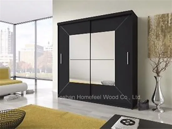 Home Bedroom Furniture Luxury Large Black Sliding Door Wardrobe with Square Mirror