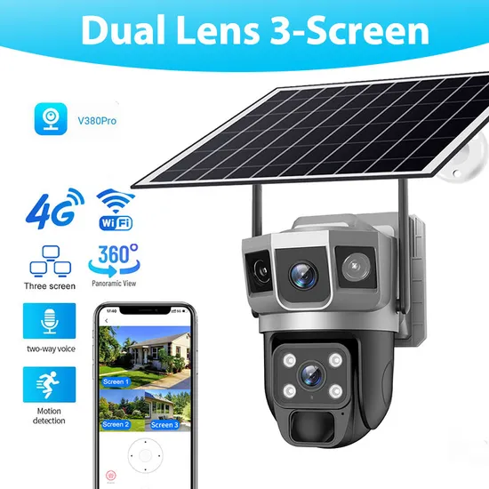2024 Three Video Screen WiFi/4G Solar CCTV Security IP Camera with Smart Light & Sound Alarm, PIR Motion Detection