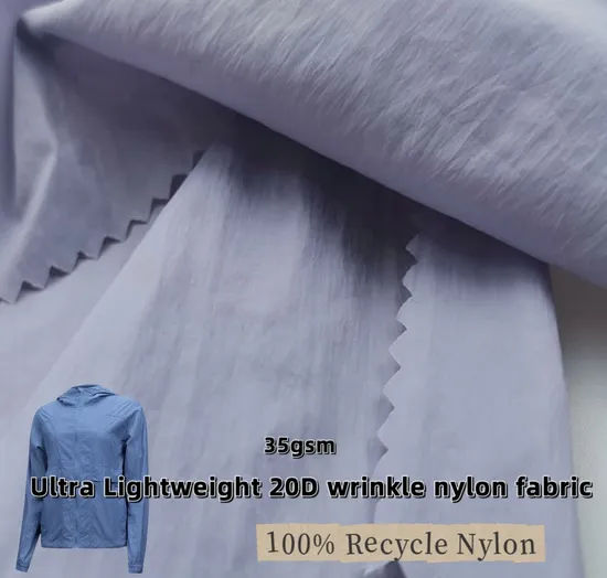 100% Recycle Nylon Taffeta Fabric 20d Ultra Lightweight Wrinkle Nylon Recycle Fabric for Urban Running Outdoor Jacket