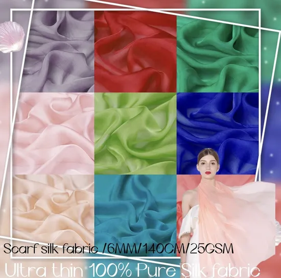 (30+colors available in stock) China Wholesale Ultra Thin 6mm/25GSM 100% Pure Silk Chiffon Fabric for Scarf/Garment/Dress