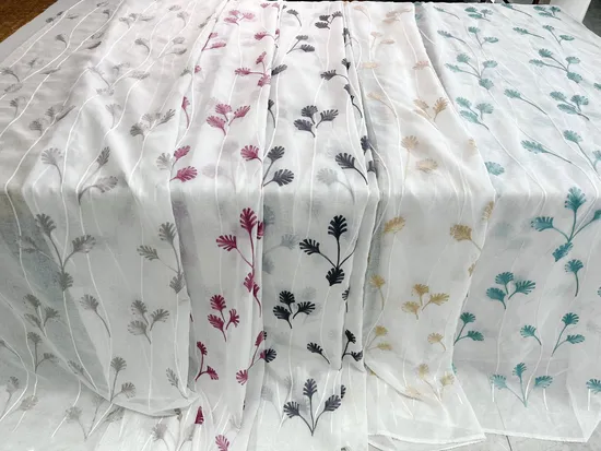 2 Tones Rayon Embroidery with 100% Polyester Sheer Dolly Curtain Fabric