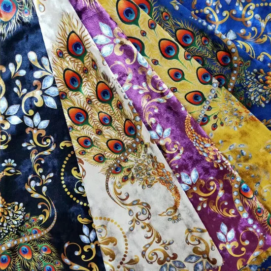 New Design Peacock Pattern Korean Velvet Printing Fabric for Performance Clothing