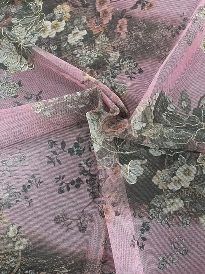 Elegant Gold Mesh Transfer Print Fabric for Stylish Ladies′ Apparel