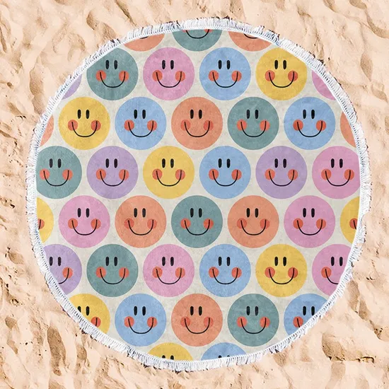 OEM Hot Design Smile Face Printed Summer Swim Hawaii Microfiber Round Oversized Sand Free Beach Towel