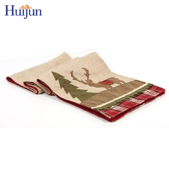Hot Selling Resistant Furniture Decor Fashion Restaurant Cheap Embroidered Christmas Ornament Jute Table Runner with Reindeer
