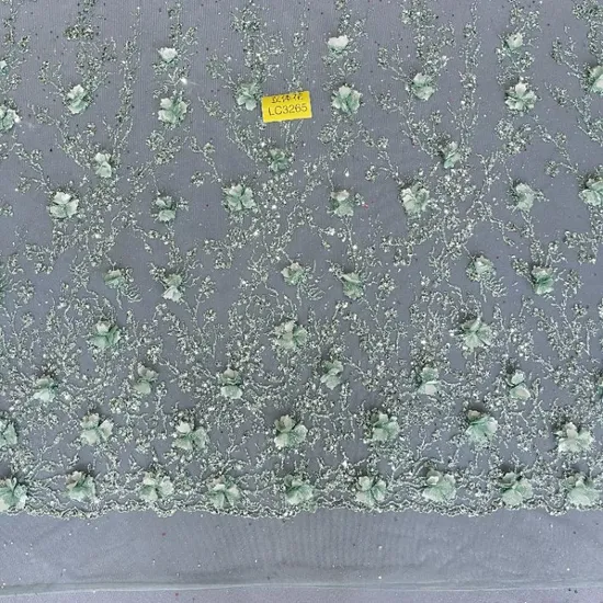 2023 Pantone Color Grass Green 3D Chiffon Flower Glitter Tulle Fabric