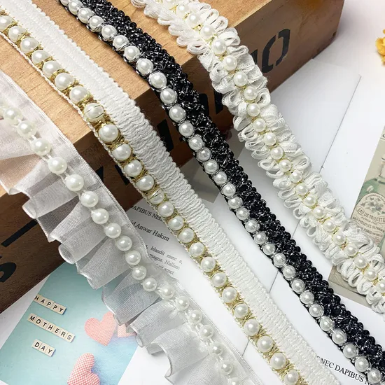 Pearl Trimmings 3D Flowers Handmade Lace Bead Trim Ribbon Lace Mesh Fabric Wedding Dress Garment Accessories