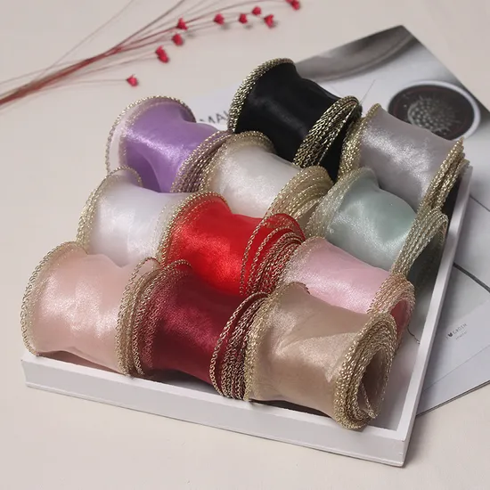 Gold Edge Wire Ruffled Sheer Korean Wholesale Organza Ribbon Wide for Flower Wrapping