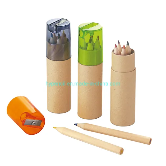Promotion Gift 6 Hexagonal Mini Color Pencils 3.5 Inch in Natural Craft Paper Tube with Sharpener Cover