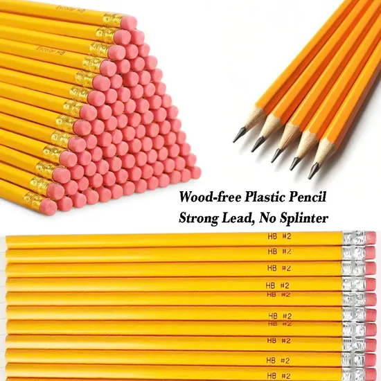 Low Price, Cheap, Hexagonal Yellow Hb Plastic Pencils with Eraser for School Use, Wood-Free, Resin Lead Pencil #2