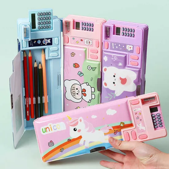 Multifunctional Mechanical Calculator Kids Pencil Case School Plastic Pencil Box