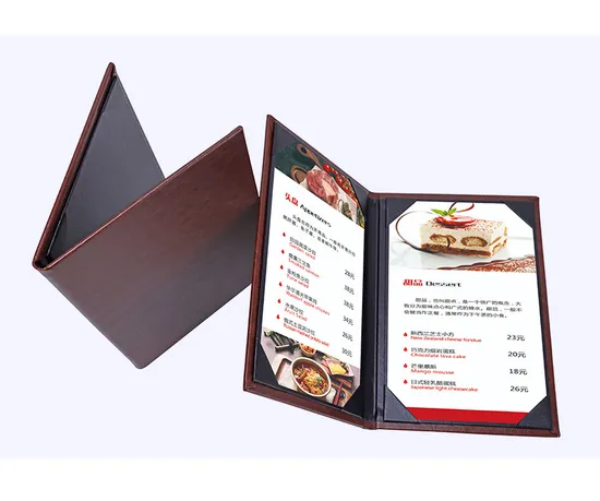 High Quality PU Leather Folding Hotel Restaurant Menu Books with Embossed Logos