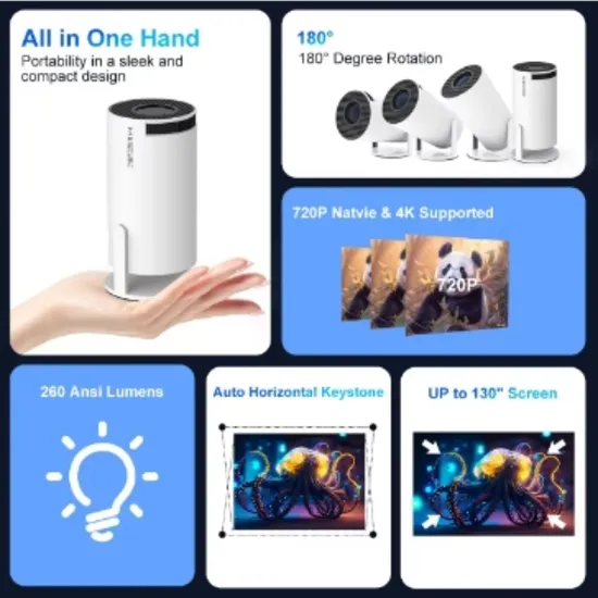 Hy300 Projector, Outdoor Portable Mini Projetor, Support PRO HiFi 4K Android 11