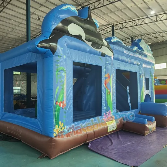 Dolphin and Whale Blue Inflatable Combo Bounce House with Slide