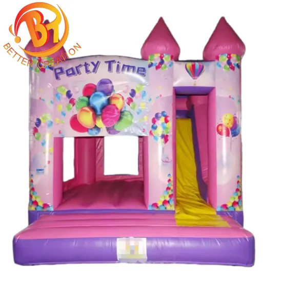 Girl Pink Party Time Theme Jumping Combo Inflatable Bouncer Castle with Slide